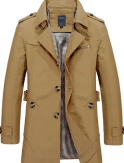 Men's Transition Jacket Trench Coat Trench Coat Daily Spring & Fall Polyester Windbreaker Outerwear Clothing Apparel Vintage Solid Colored Notch lapel collar