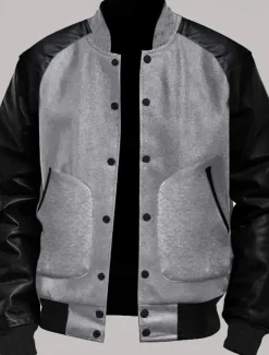 Men's Transition Jacket Varsity Jacket Daily Wear Leather Sleeved Spring & Fall Plain Streetwear Stand Collar Short Black White Light Grey Dark Gray Jacket