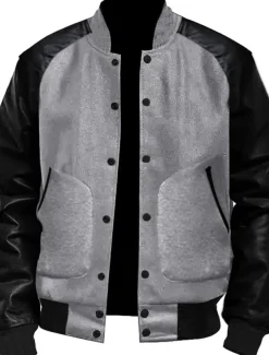 Men's Transition Jacket Varsity Jacket Daily Wear Leather Sleeved Spring & Fall Plain Streetwear Stand Collar Short Black White Light Grey Dark Gray Jacket