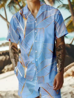 Men's Trees / Leaves 2pcs Shirts Sets Summer Hawaiian Shirt Short Sleeve Short Pants Cuban Collar Vacation Party Casual Daily 3D Print Summer Lake blue Violet Green