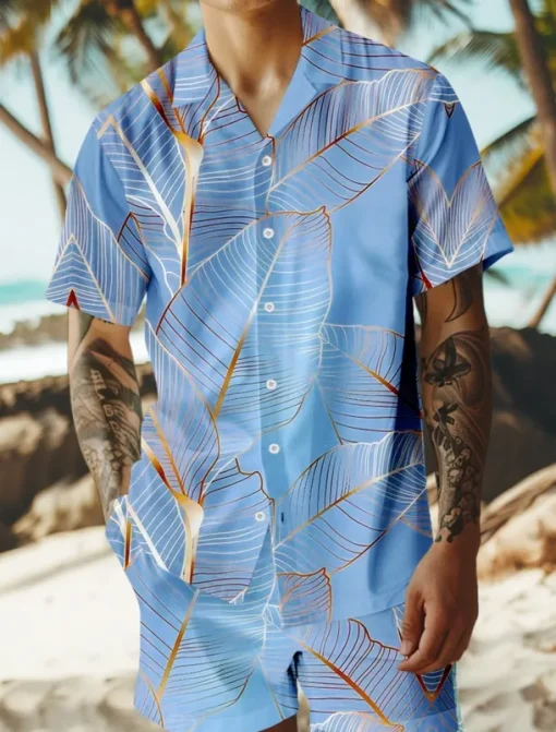 Men's Trees / Leaves 2pcs Shirts Sets Summer Hawaiian Shirt Short Sleeve Short Pants Cuban Collar Vacation Party Casual Daily 3D Print Summer Lake blue Violet Green
