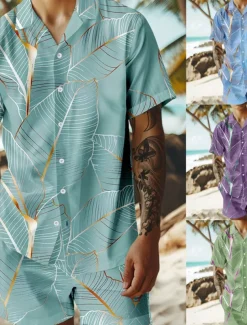 Men's Trees / Leaves 2pcs Shirts Sets Summer Hawaiian Shirt Short Sleeve Short Pants Cuban Collar Vacation Party Casual Daily 3D Print Summer Lake blue Violet Green