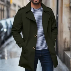 Men's Trench Coat Carnival Party Spring Fall Winter Cotton Outerwear Clothing Apparel Elegant Vintage non-printing Solid Color Button Fold-over Collar