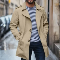 Men's Trench Coat Carnival Party Spring Fall Winter Cotton Outerwear Clothing Apparel Elegant Vintage non-printing Solid Color Button Fold-over Collar
