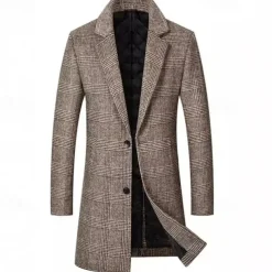 Men's Trench Coat Long Trench Coat Daily Vacation Fall & Winter Polyester Thermal Warm Outerwear Clothing Apparel Fashion Classic Plaid Pocket Lapel Single Breasted