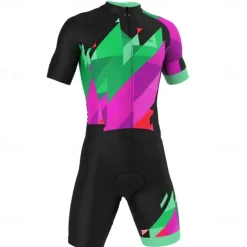Men's Triathlon Tri Suit Short Sleeve Mountain Bike MTB Road Bike Cycling Black Yellow Red Geometic Bike Clothing Suit 3D Pad Breathable Quick Dry Back Pocket Polyester Spandex Sports Geometic