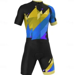 Men's Triathlon Tri Suit Short Sleeve Mountain Bike MTB Road Bike Cycling Black Yellow Red Geometic Bike Clothing Suit 3D Pad Breathable Quick Dry Back Pocket Polyester Spandex Sports Geometic