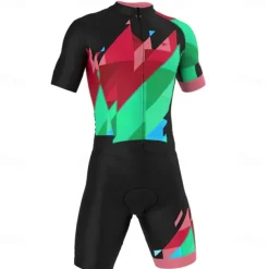 Men's Triathlon Tri Suit Short Sleeve Mountain Bike MTB Road Bike Cycling Black Yellow Red Geometic Bike Clothing Suit 3D Pad Breathable Quick Dry Back Pocket Polyester Spandex Sports Geometic
