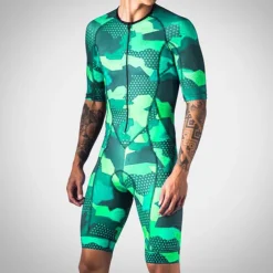 Men's Triathlon Tri Suit Short Sleeve Road Bike Cycling Triathlon Red Blue Green Camo / Camouflage Bike Clothing Suit UV Resistant Breathable Quick Dry Sweat wicking Polyester Spandex Sports Camo