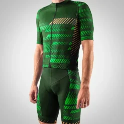 Men's Triathlon Tri Suit Short Sleeve Mountain Bike MTB Road Bike Cycling Green Blue Yellow Grey Stripes 3D Bike Clothing Suit UV Resistant Breathable Quick Dry Sweat wicking Polyester Spandex Sports