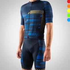 Men's Triathlon Tri Suit Short Sleeve Mountain Bike MTB Road Bike Cycling Green Blue Yellow Grey Stripes 3D Bike Clothing Suit UV Resistant Breathable Quick Dry Sweat wicking Polyester Spandex Sports