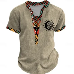 Men's Tribal Bandana Print T Shirt Henley Shirt Short Sleeve 3D Print Designer Ethnic Vacation Casual Daily Summer Spring Yellow Green Khaki Henley Henley T-Shirt