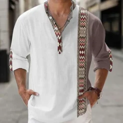 Men's Tribal Ethnic Shirt Linen Shirt Button Up Shirt Long Sleeve Tribal Vacation Daily Wear Going out Spring & Fall Stand Collar Buttons Print White Khaki Gray