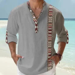 Men's Tribal Ethnic Shirt Linen Shirt Button Up Shirt Long Sleeve Tribal Vacation Daily Wear Going out Spring & Fall Stand Collar Buttons Print White Khaki Gray