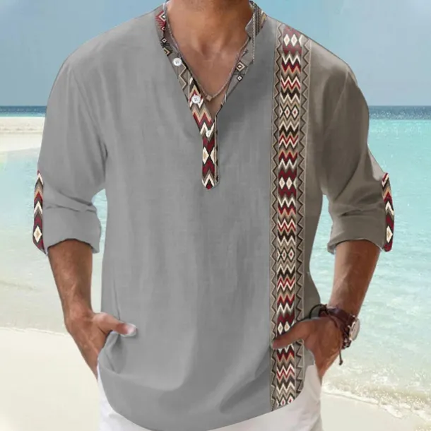 Men's Tribal Ethnic Shirt Linen Shirt Button Up Shirt Long Sleeve Tribal Vacation Daily Wear Going out Spring & Fall Stand Collar Buttons Print White Khaki Gray