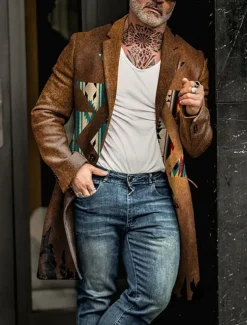 Men's Tribal Geometry Bandana Print Winter Coat Overcoat Coat Warm Breathable Comfortable Vintage Business Casual Work Wear to work Going out Pocket Print Fall & Winter Stand Collar Long Sleeve Brown