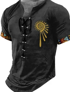 Men's Tribal Shirt Short Sleeve T shirt 3D Print Lace Up Neck Shirt Retro Vintage Vintage Retro Street Casual Daily Black Khaki Dark Gray Summer Spring Clothing Apparel S M L XL XXL XXXL