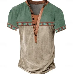 Men's Tribal T Shirt Henley Shirt Tee Short Sleeve Designer Basic Bohemian Outdoor Casual Daily Summer Lake Blue Light Green Light Blue Khaki Henley Henley T-Shirt