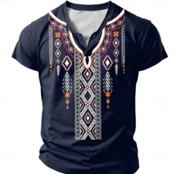 Men's Tribal T Shirt Short Sleeve 3D Print Vacation Fashion Ethnic Casual Summer Spring Dark Blue Henley Henley T-Shirt