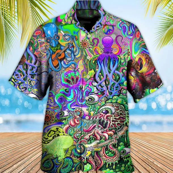 Men's Tropical Guitar Octopus Shirt Summer Hawaiian Shirt Aloha Shirt Short Sleeve Shirt Turndown Tropical Fashion Hawaiian Casual Hawaiian Holiday Yellow Red Purple S M L