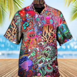 Men's Tropical Guitar Octopus Shirt Summer Hawaiian Shirt Aloha Shirt Short Sleeve Shirt Turndown Tropical Fashion Hawaiian Casual Hawaiian Holiday Yellow Red Purple S M L