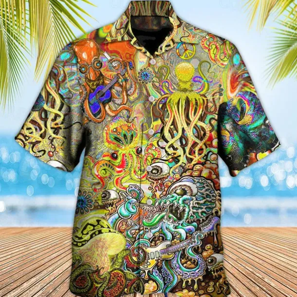 Men's Tropical Guitar Octopus Shirt Summer Hawaiian Shirt Aloha Shirt Short Sleeve Shirt Turndown Tropical Fashion Hawaiian Casual Hawaiian Holiday Yellow Red Purple S M L