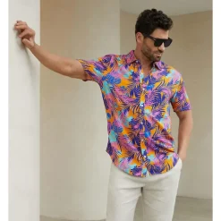 Men's Tropical Shirt Summer Hawaiian Shirt Button Up Shirt Short Sleeve Hawaiian Fashion Casual Vacation Daily Hawaiian Summer Lapel Print Purple