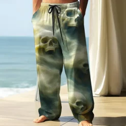 Men's Trousers Baggy Pants Casual Pants Elastic Drawstring Waist Linen-Like Pants with Pockets Skull Halloween Costumes Full Length Holiday Streetwear Dark Punk Gothic Style Light Green Blue