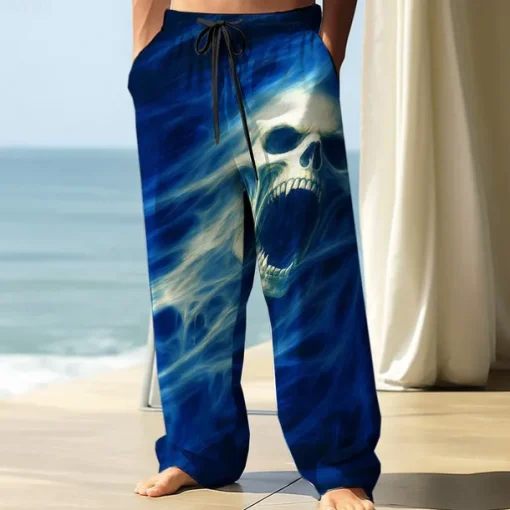 Men's Trousers Baggy Pants Casual Pants Elastic Drawstring Waist Linen-Like Pants with Pockets Skull Death Halloween Costumes Full Length Outdoor Holiday Dark Punk Gothic Style Black Red Micro-elastic
