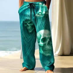 Men's Trousers Baggy Pants Casual Pants Elastic Drawstring Waist Linen-Like Pants with Pockets Skull Skeleton Halloween Costumes Full Length Outdoor Holiday Dark Gothic Style Black Blue Inelastic