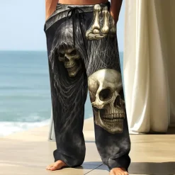 Men's Trousers Baggy Pants Casual Pants Elastic Drawstring Waist Linen-Like Pants with Pockets Skull Skeleton Halloween Costumes Full Length Outdoor Holiday Dark Gothic Style Black Blue Inelastic