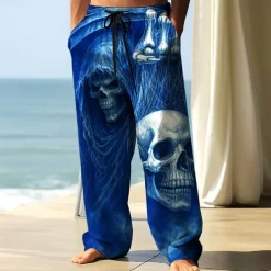 Men's Trousers Baggy Pants Casual Pants Elastic Drawstring Waist Linen-Like Pants with Pockets Skull Skeleton Halloween Costumes Full Length Outdoor Holiday Dark Gothic Style Black Blue Inelastic