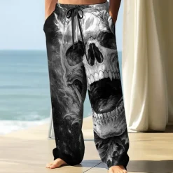 Men's Trousers Baggy Pants Casual Pants Elastic Drawstring Waist Linen-Like Pants with Pockets Skull Flame Halloween Costumes Full Length Outdoor Holiday Dark Punk Gothic Style Black / Red Black+Grey