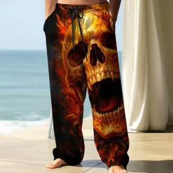 Men's Trousers Baggy Pants Casual Pants Elastic Drawstring Waist Linen-Like Pants with Pockets Skull Flame Halloween Costumes Full Length Outdoor Holiday Dark Punk Gothic Style Black / Red Black+Grey
