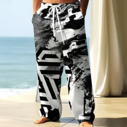 Men's Trousers Baggy Pants Casual Pants Elastic Drawstring Waist Linen-Like Pants with Pockets Geometric Abstract Art Full Length Outdoor Vacation Retro Vintage Black Wine Inelastic
