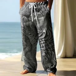 Men's Trousers Baggy Pants Casual Pants Elastic Drawstring Waist Linen-Like Pants with Pockets Geometric Horse Waves Full Length Outdoor Vacation Beach Vacation Retro Vintage Blue Green Inelastic