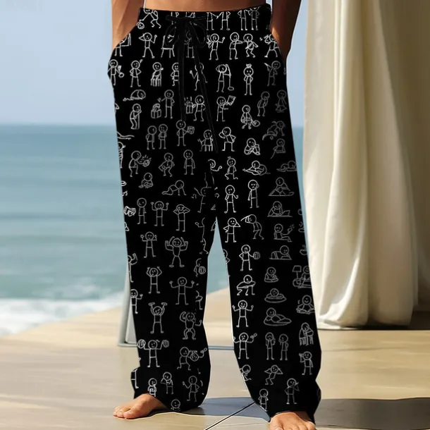 Men's Trousers Baggy Pants Casual Pants Elastic Drawstring Waist Linen-Like Pants with Pockets People Stick Figure Full Length Outdoor Vacation Funny Black White Inelastic