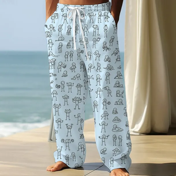 Men's Trousers Baggy Pants Casual Pants Elastic Drawstring Waist Linen-Like Pants with Pockets People Stick Figure Full Length Outdoor Vacation Funny Black White Inelastic