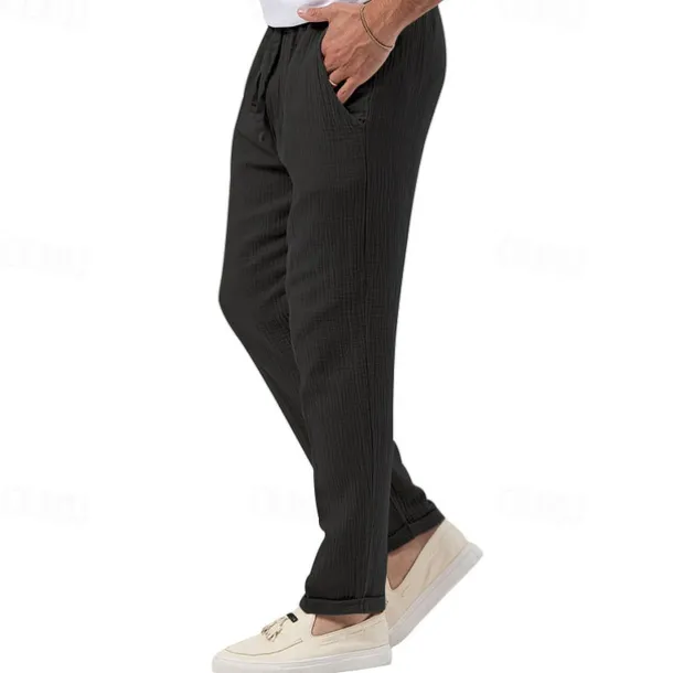 Men's Trousers Beach Shorts Casual Pants Seersucker Pants Drawstring Elastic Waist Straight Leg Plain Comfort Breathable Daily Holiday Vacation Fashion Casual Black White