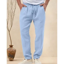 Men's Trousers Beach Shorts Casual Pants Seersucker Pants Drawstring Elastic Waist Straight Leg Plain Comfort Breathable Daily Holiday Vacation Fashion Casual Black White