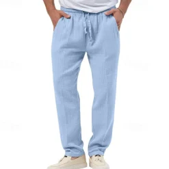 Men's Trousers Beach Shorts Casual Pants Seersucker Pants Drawstring Elastic Waist Straight Leg Plain Comfort Breathable Daily Holiday Vacation Fashion Casual Black White