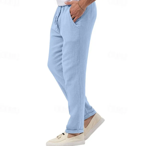 Men's Trousers Beach Shorts Casual Pants Seersucker Pants Drawstring Elastic Waist Straight Leg Plain Comfort Breathable Daily Holiday Vacation Fashion Casual Black White