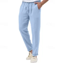 Men's Trousers Beach Shorts Casual Pants Seersucker Pants Drawstring Elastic Waist Straight Leg Plain Comfort Breathable Daily Holiday Vacation Fashion Casual Black White