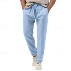 Men's Trousers Beach Shorts Casual Pants Seersucker Pants Drawstring Elastic Waist Straight Leg Plain Comfort Breathable Daily Holiday Vacation Fashion Casual Black White