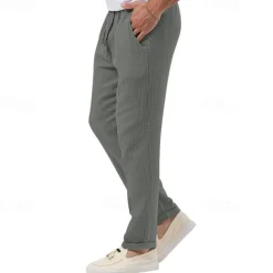 Men's Trousers Beach Shorts Casual Pants Seersucker Pants Drawstring Elastic Waist Straight Leg Plain Comfort Breathable Daily Holiday Vacation Fashion Casual Black White