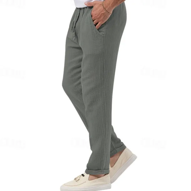 Men's Trousers Beach Shorts Casual Pants Seersucker Pants Drawstring Elastic Waist Straight Leg Plain Comfort Breathable Daily Holiday Vacation Fashion Casual Black White