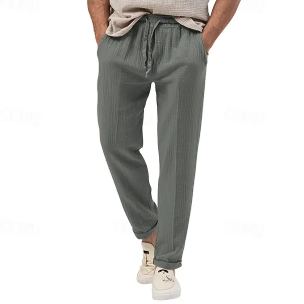 Men's Trousers Beach Shorts Casual Pants Seersucker Pants Drawstring Elastic Waist Straight Leg Plain Comfort Breathable Daily Holiday Vacation Fashion Casual Black White