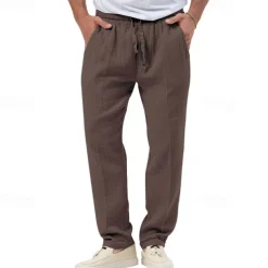 Men's Trousers Beach Shorts Casual Pants Seersucker Pants Drawstring Elastic Waist Straight Leg Plain Comfort Breathable Daily Holiday Vacation Fashion Casual Black White