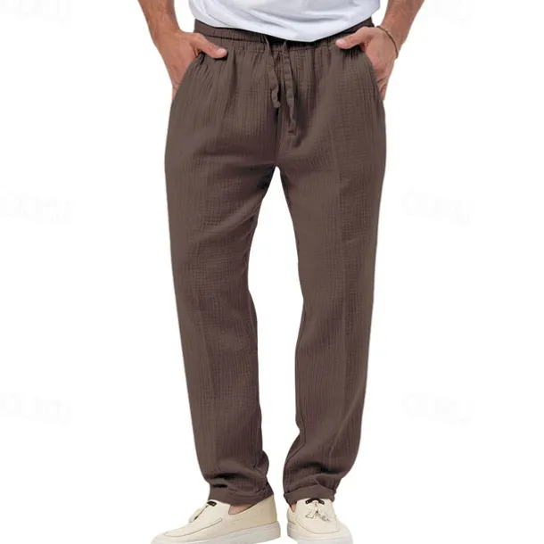 Men's Trousers Beach Shorts Casual Pants Seersucker Pants Drawstring Elastic Waist Straight Leg Plain Comfort Breathable Daily Holiday Vacation Fashion Casual Black White