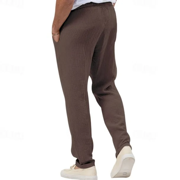 Men's Trousers Beach Shorts Casual Pants Seersucker Pants Drawstring Elastic Waist Straight Leg Plain Comfort Breathable Daily Holiday Vacation Fashion Casual Black White